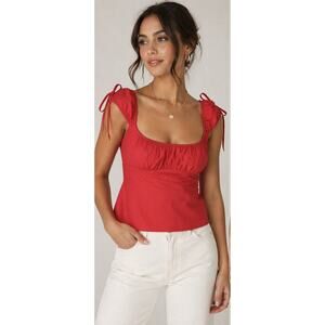 Elodie Red Cotton Tie Strap Peplum Tank Top Size M Puff Sleeve Blouse NWT